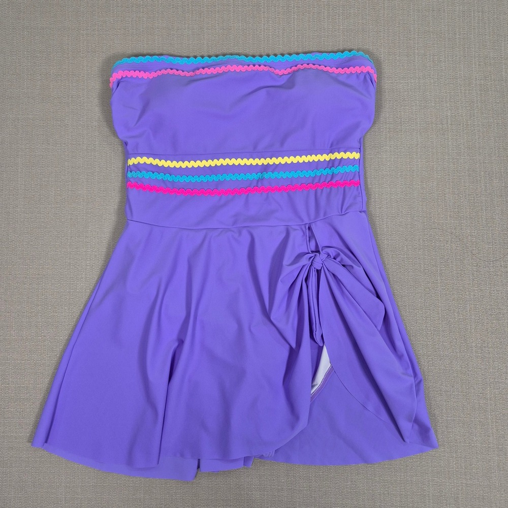 Popvil Purple Ric Rac Trim Bandeau Swim Dress Tummy Control One Piece NWT Large